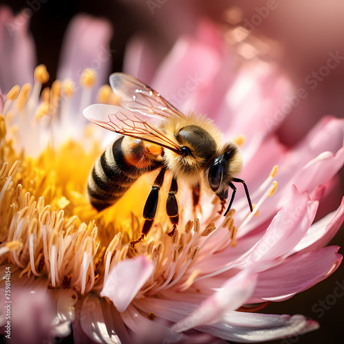 Macro shot of a bee pollinating a flower.