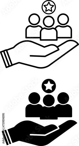 Customers Icons. Black and White Vector Icons. Important People on the Hand. Retention and Protection of Clients. Core Values Concept