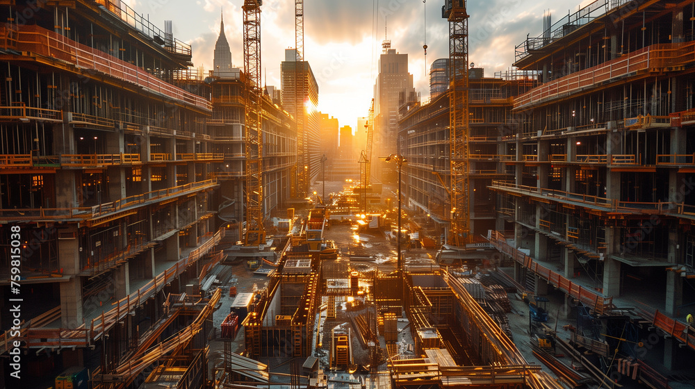 Fototapeta premium Large construction site including several cranes, with lots of gold sunlight.