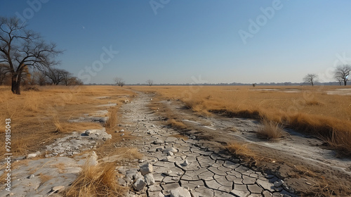 A barren land devoid of flora and fauna  showcasing the destructive impact of climate change on biodiversity.