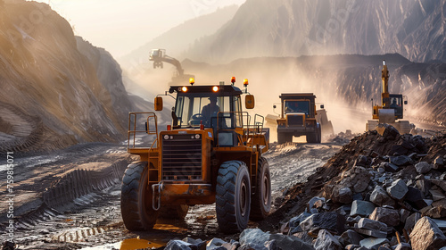 A large construction back hoe vehicle on a large rock pile with another construction vehicle working in the background. Sky is hazy to indicate dust and an active building site.