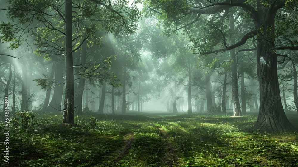 Obraz premium Dark green Wet misty road trough forest after rain