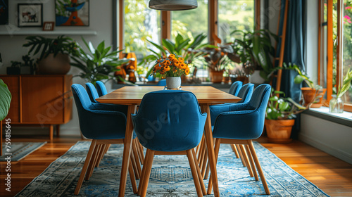 Modern Dining Room with Blue Chairs and Houseplants