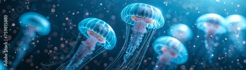 Luminous jellyfish-like creatures floating in an underwater power plant harnessing bio-luminescence for energy production 3D render