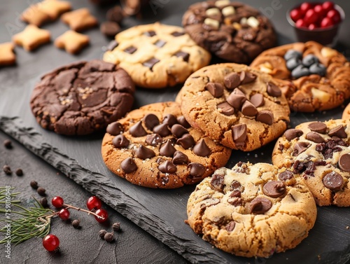 A variety of homemade cookies with chocolate chips and festive decorations, close-up.