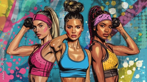 An artistic illustration of three strong women confidently lifting weights, with a vibrant graffiti background.