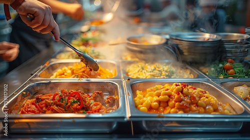 Serving Assorted Dishes at Food Stall. Serving a variety of colorful dishes at a bustling street food stall with steam.