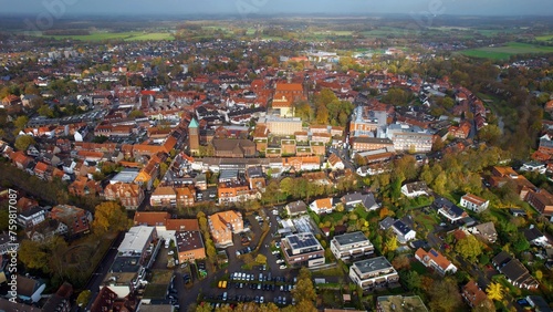 Aerial view of the old town around the city Coesfeld on an overcast day in fall in Germany.	