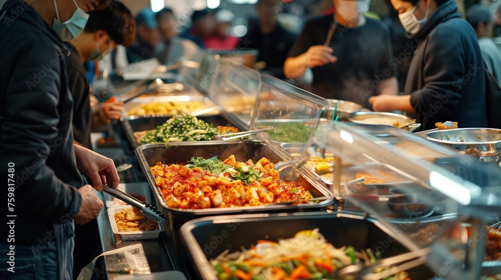 Choosing Dishes at a Self-Service Food Counter. Patrons selecting from an array of dishes at a self-service food counter in a bustling dining hall.