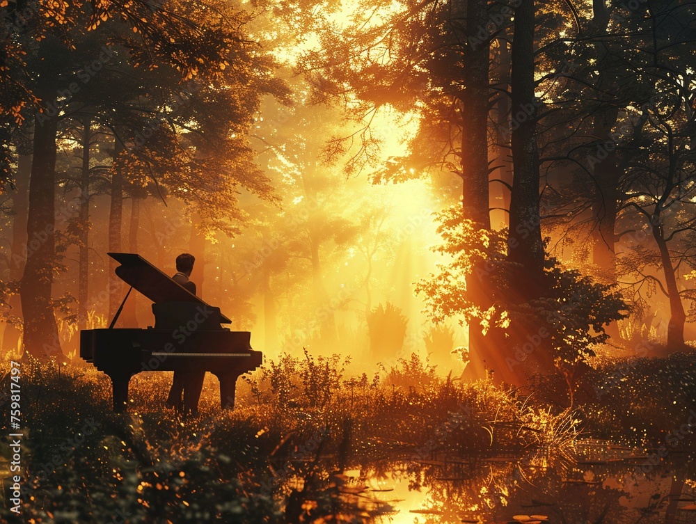 A pianist and an AI composing music in a magical forest, melodies echoing among towering trees 3D render, golden hour, lens flare A pianist and an AI composing music in a magical forest, melodies echoing among towering trees 3D render, golden hour, lens flare