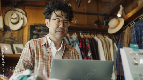Boutique owner working on a laptop