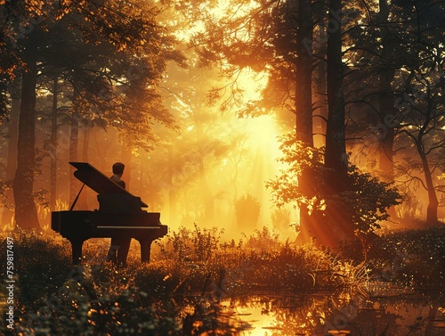 A pianist and an AI composing music in a magical forest, melodies echoing among towering trees 3D render, golden hour, lens flare