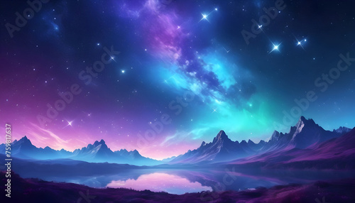 Beautiful fantasy starry night sky, blue and purple colorful, galaxy and aurora 4k wallpaper © Kovalova Ivanna