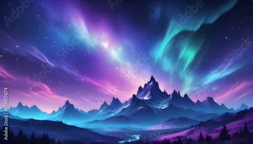 Beautiful fantasy starry night sky, blue and purple colorful, galaxy and aurora 4k wallpaper © Kovalova Ivanna