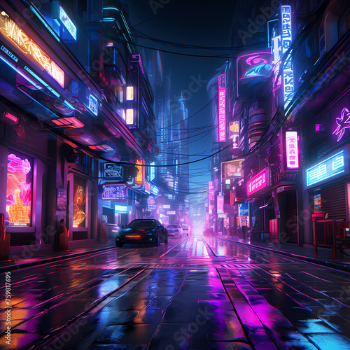 Neon-lit street in a cyberpunk metropolis. © Cao