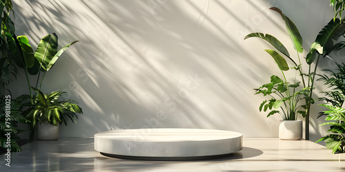3d rendering of white podium for product presentation with palm leaf shadow on the wall - Ai Generated