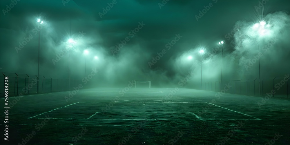 Green fog covers a soccer field at night in eerie ambiance. Concept Nature, Nighttime, Soccer Field, Fog, Eerie Ambiance
