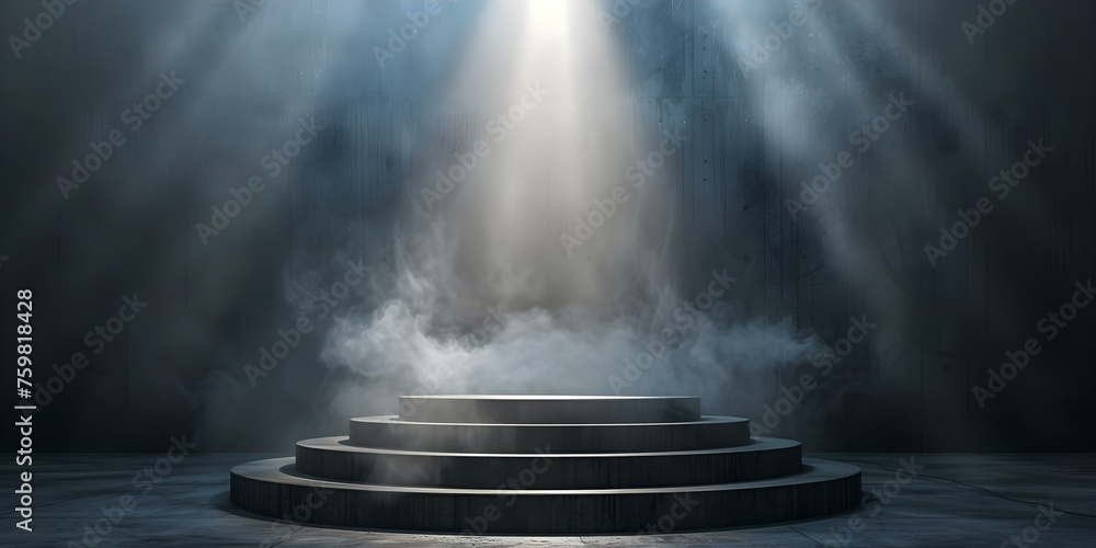Dramatic setting with abstract dark podium and spotlight in a smoky atmosphere. Concept Dramatic Setting, Abstract Podium, Smoky Atmosphere, Spotlight Effect, Intense Portraits