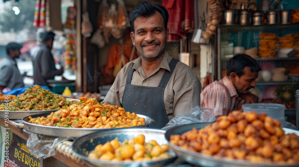 Street Vendor Smiling Beside Fresh Snack Stand. Friendly street vendor smiles proudly beside his snack stand offering fresh, traditional street food. Street Vendor Smiling Beside Fresh Snack Stand. Friendly street vendor smiles proudly beside his snack stand offering fresh, traditional street food.