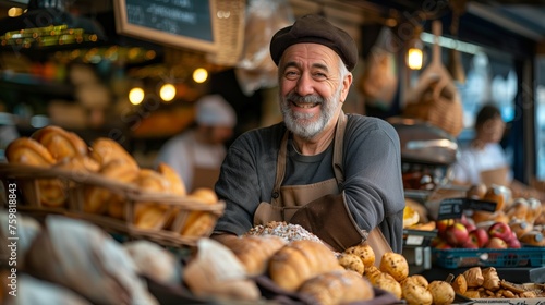 Smiling Baker at Fresh Bread Market Stall. Cheerful baker wearing a flat cap stands behind a market stall filled with an assortment of freshly baked bread.