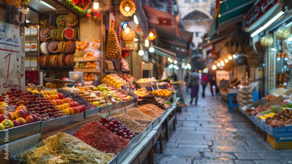 Traditional Market Alley with Fruit Stalls. Old market alley lined with stalls selling an array of fruits and sweets, capturing the essence of local commerce.