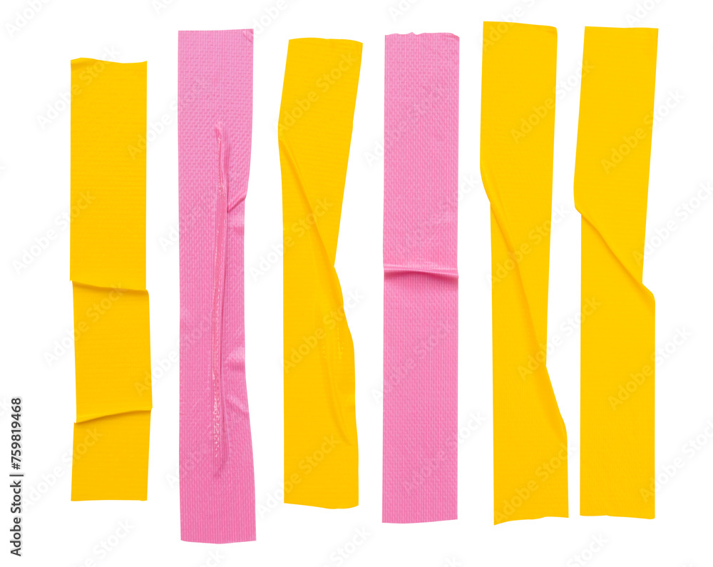 Top view set of pink and yellow wrinkled adhesive vinyl tape or cloth tape in stripes shape isolated on white background with clipping path Top view set of pink and yellow wrinkled adhesive vinyl tape or cloth tape in stripes shape isolated on white background with clipping path