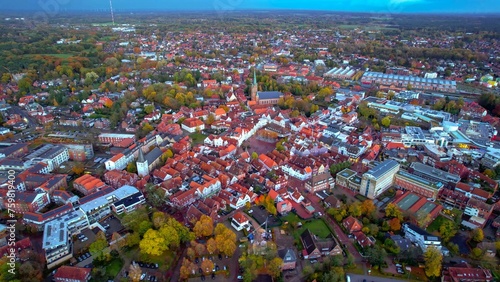 Aerial view of the old town around the city Liegen on an overcast day in fall in Germany. 
