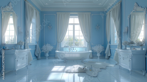 Elegant blue bathroom with vintage claw-foot tub, ornate vanities, and sheer curtains in a luxurious setting. photo