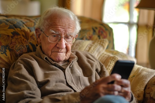 Senior man with glasses focused on texting with his smartphone, comfortably seated indoors © Татьяна Евдокимова