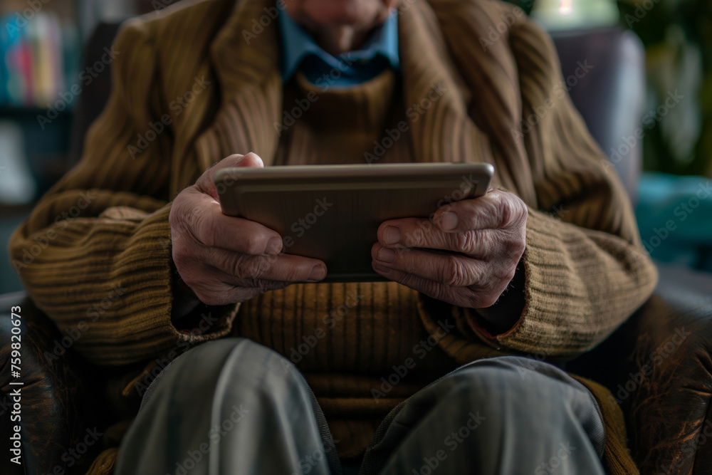 Close-up of elderly man's hands holding a digital tablet, engaged in modern technology Close-up of elderly man's hands holding a digital tablet, engaged in modern technology