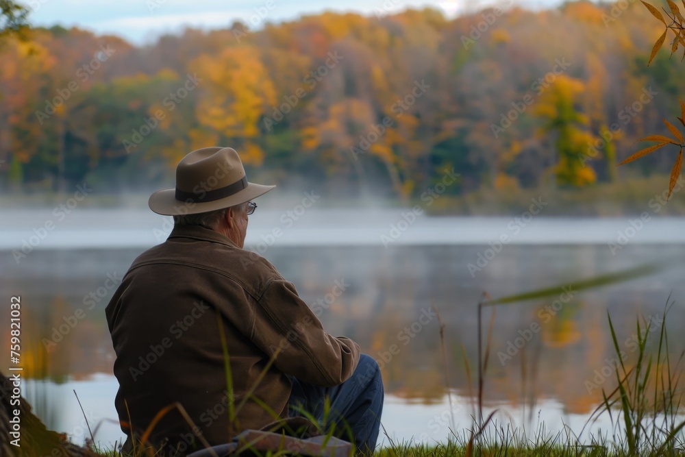 Serene scene of a man sitting by a misty lake surrounded by fall foliage