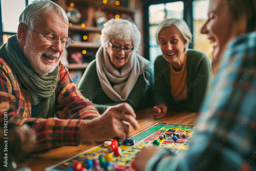 Joyful elderly group engaged in a fun board game, sharing laughter in a cozy room Joyful elderly group engaged in a fun board game, sharing laughter in a cozy room