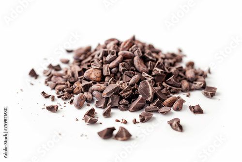 Creushed raw cacao nibs on white background