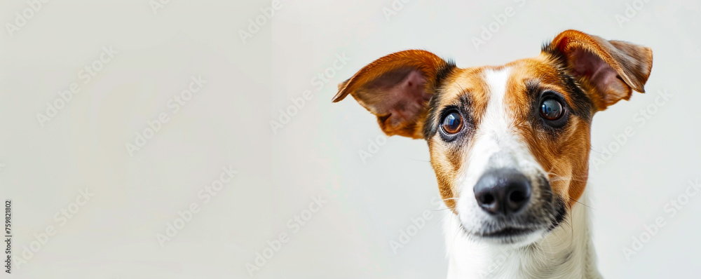 A dog with brown and white fur is looking at the camera
