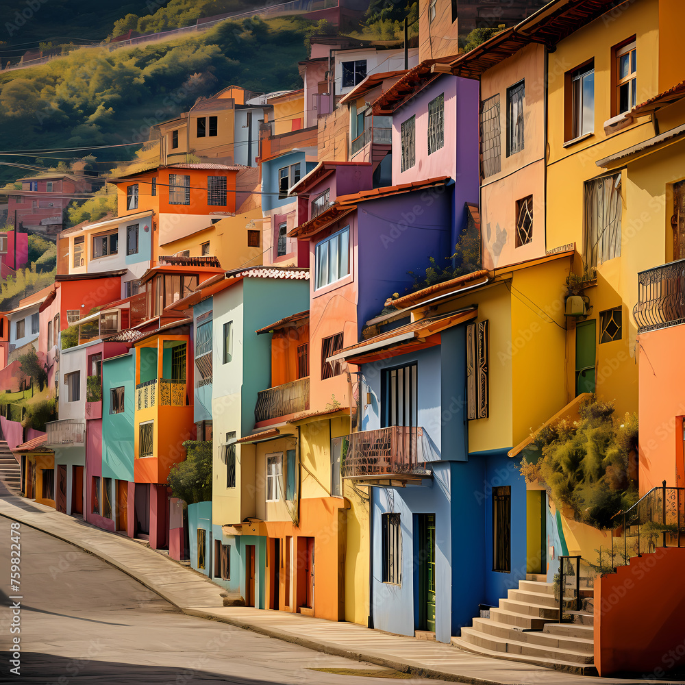 Rows of colorful houses on a hillside. 