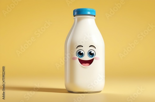 Funny cartoon character from milk bottle with eyes and smile on light yellow background, concept of dairy product