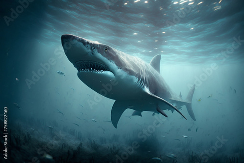 Great White Shark Underwater in Open Water