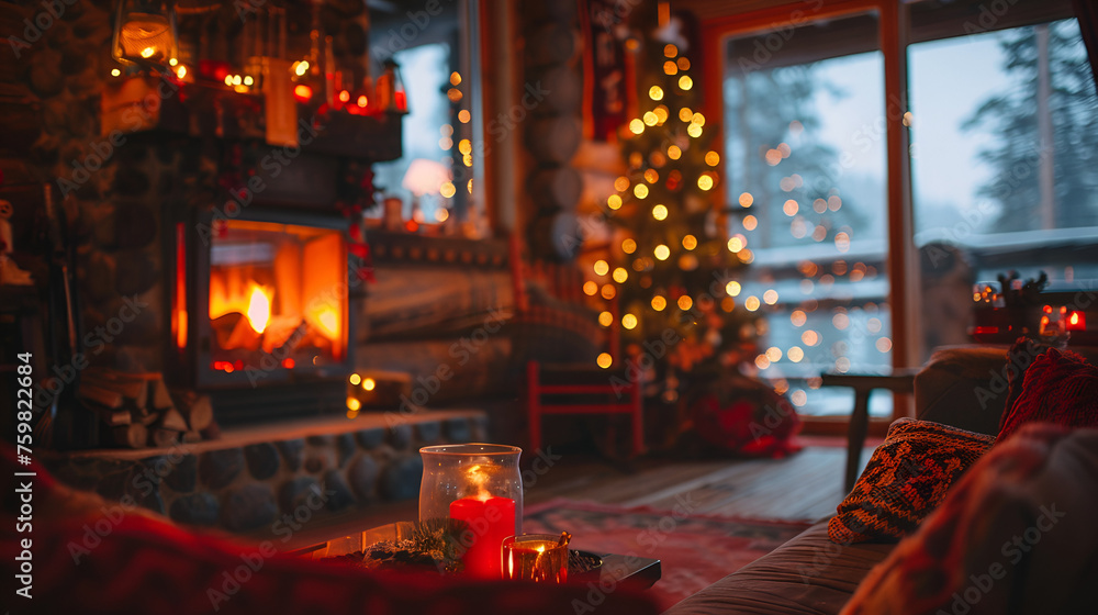 Cozy livingroom with fireplace and christmas tree lights, copy space 