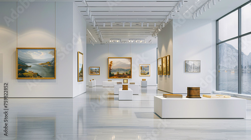 Art Museum Gallery Interior, Modern Exhibition Space with Tourists Exploring Artistic Works