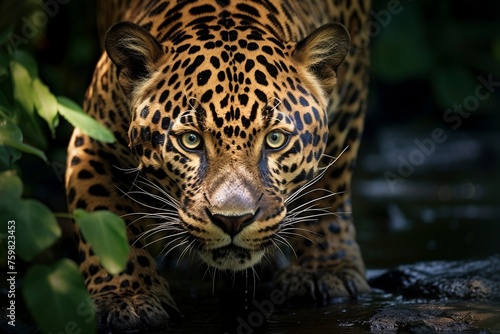 Leopard sneaks in the jungle close-up