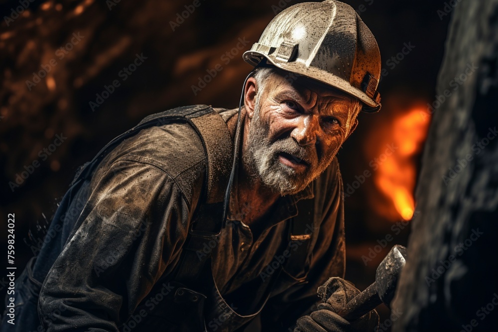 A tired miner in a helmet and work clothes, with a beard and a dirty face stands in a mine - obrazy, fototapety, plakaty 