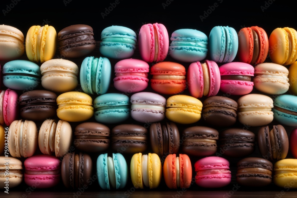 Colorful french macaroons background banner from above view for desserts or bakery presentation Colorful french macaroons background banner from above view for desserts or bakery presentation