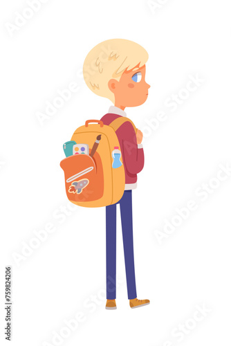 Kid with school backpack back view vector illustration. Boy going to kindergarten with bag pack. Cartoon smart student character isolated on white background. Back to school, education concept © backup_studio