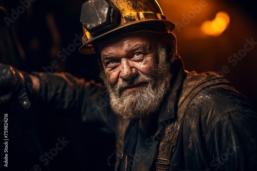 A miner in a helmet and work clothes, with a beard and a dirty face, stands in a mine and looks at the camera, close-up