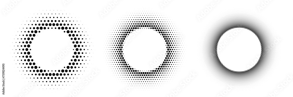 Black abstract circle frames set with halftone dots. Vector emblem design elements collection isolated on white background. Round border with dots texture