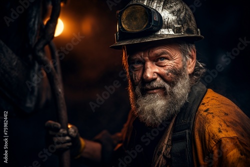 Miner in a helmet and work clothes, with a beard and a dirty face in a mine, close-up