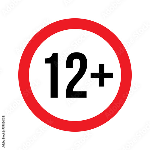 Age restriction for 12 plus vector illustration. Person under 12 not allowed sign, number twelve in red line isolated circle badge for age limit of forbidden restricted social media content, movie