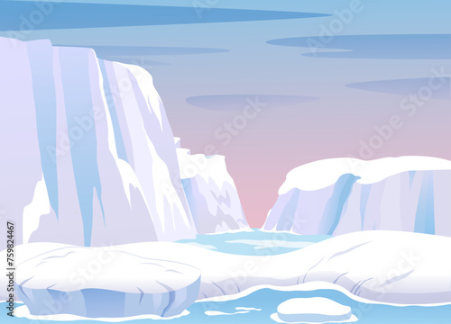 Arctic ice landscape with iceberg, glacier, mountains vector illustration. Antarctica winter cold snow nature. North scenery. Polar circle