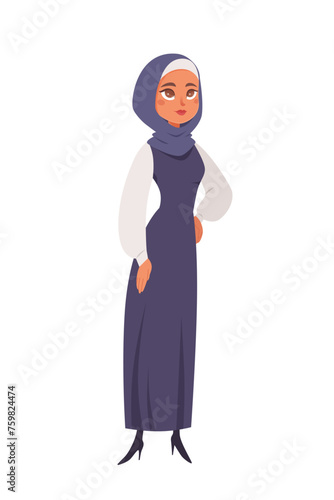 Arabian business woman. Muslim female in hijab in office. Work, lecture, seminar. Cartoon vector illustration. Saudi teacher manager worker secretary student