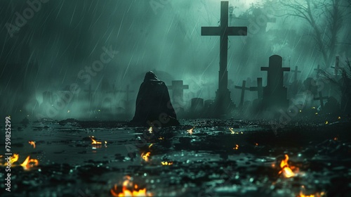 A lone figure in a cloak kneels in a misty rain-soaked graveyard before a cross
